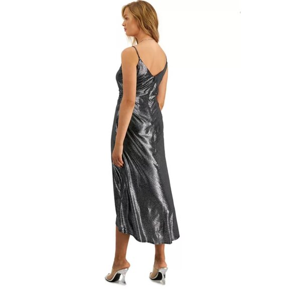 NWT Bar III Silver Metallic Faux Wrap Dress Flowy V-Neck Cocktail Party Dress - Picture 7 of 14
